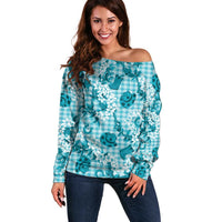 Mokihana Maile Ilima Leis Paniolo Palaka Off Shoulder Sweater Hawaiian Polu Opa Spirit LT9 Women Turquoise - Polynesian Pride