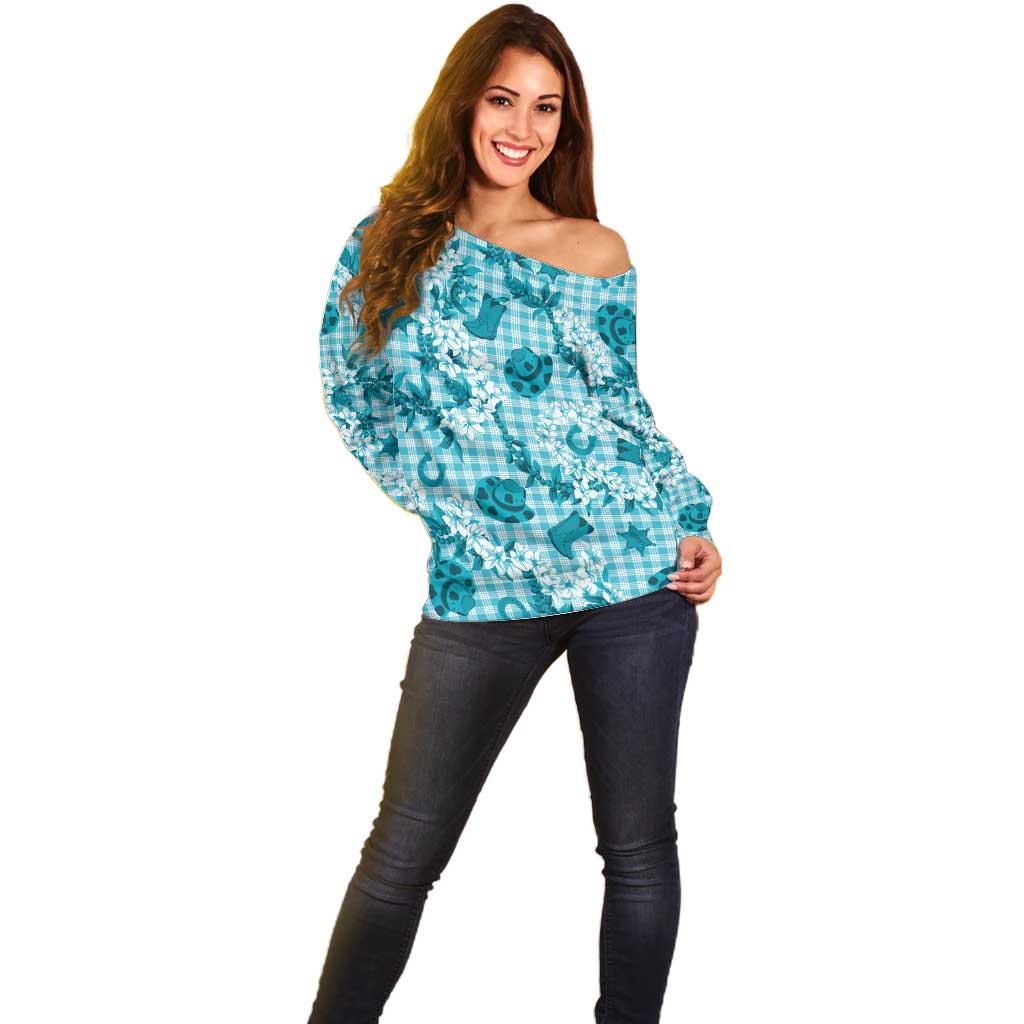 Mokihana Maile Ilima Leis Paniolo Palaka Off Shoulder Sweater Hawaiian Polu Opa Spirit LT9 - Polynesian Pride