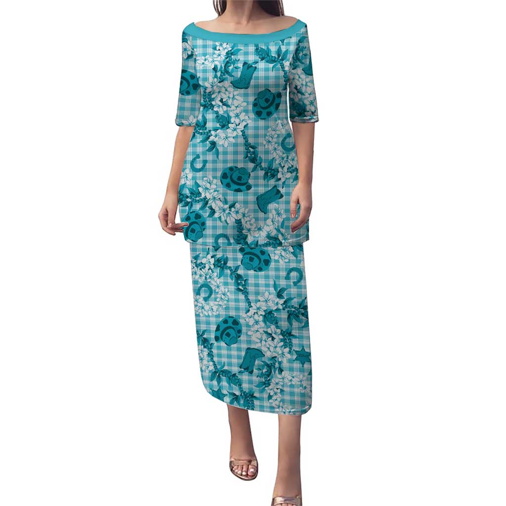Mokihana Maile Ilima Leis Paniolo Palaka Puletasi Hawaiian Polu Opa Spirit LT9 Long Dress Turquoise - Polynesian Pride