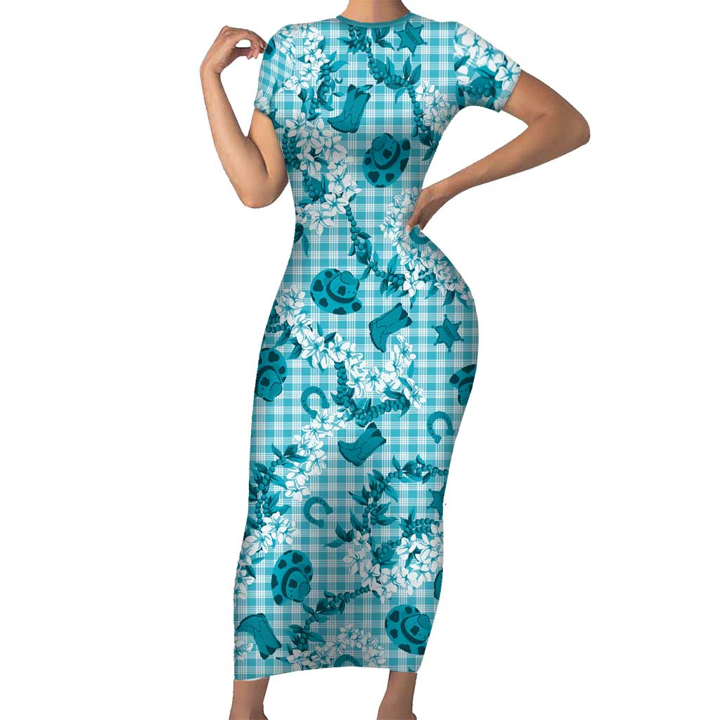 Mokihana Maile Ilima Leis Paniolo Palaka Short Sleeve Bodycon Dress Hawaiian Polu Opa Spirit - Polynesian Pride