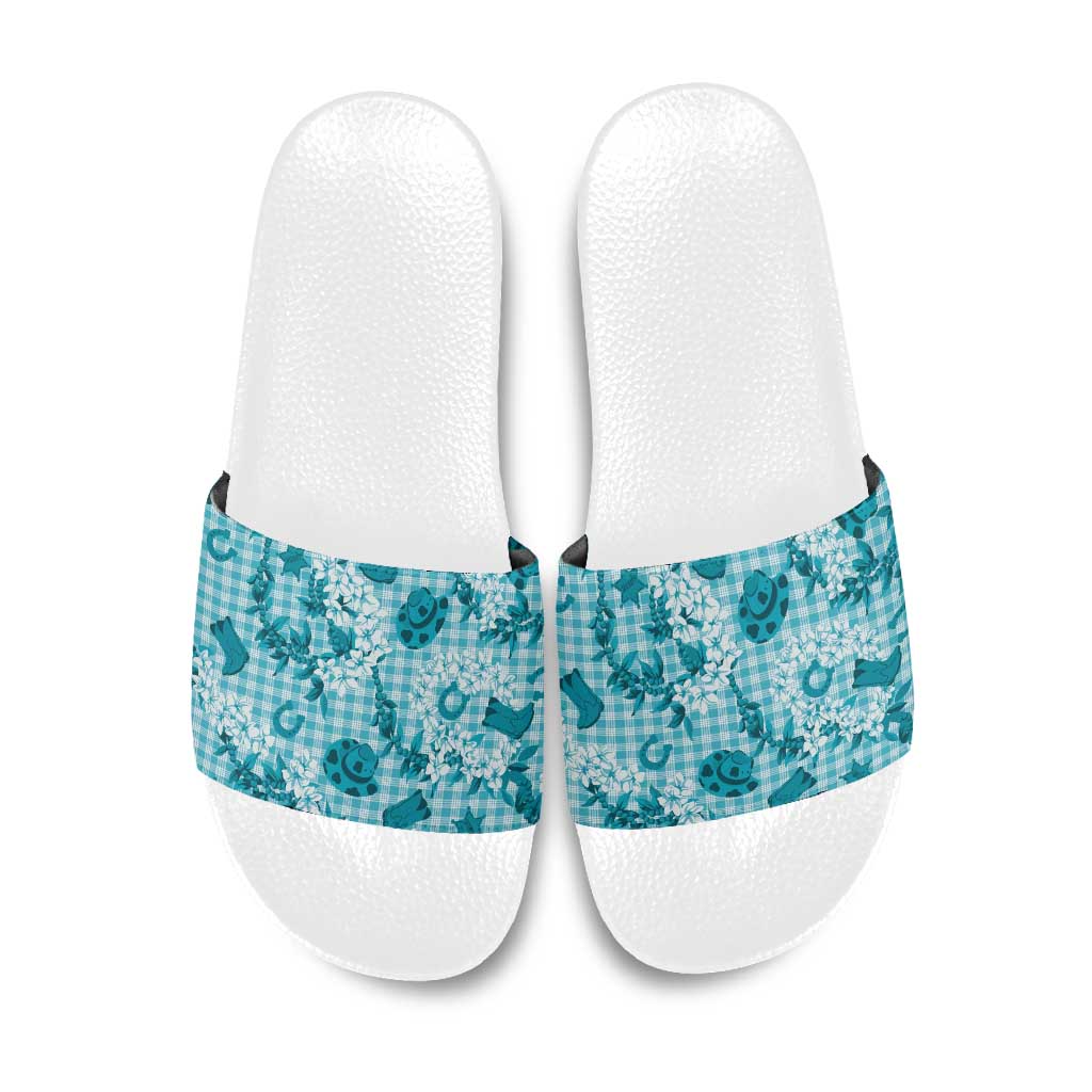 Mokihana Maile Ilima Leis Paniolo Palaka Slide Sandals Hawaiian Polu Opa Spirit LT9 Turquoise - Polynesian Pride