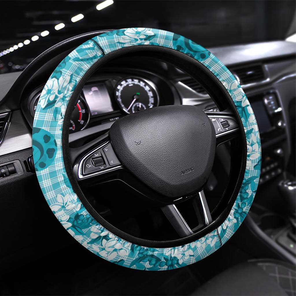 Mokihana Maile Ilima Leis Paniolo Palaka Steering Wheel Cover Hawaiian Polu Opa Spirit LT9 Universal Fit Turquoise - Polynesian Pride