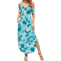 Mokihana Maile Ilima Leis Paniolo Palaka Summer Maxi Dress Hawaiian Polu Opa Spirit LT9 Women Turquoise - Polynesian Pride