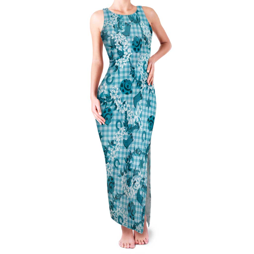 Mokihana Maile Ilima Leis Paniolo Palaka Tank Maxi Dress Hawaiian Polu Opa Spirit LT9 Women Turquoise - Polynesian Pride