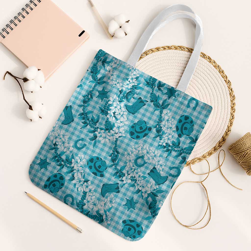 Mokihana Maile Ilima Leis Paniolo Palaka Tote Bag Hawaiian Polu Opa Spirit LT9 White Strap One Size Turquoise - Polynesian Pride