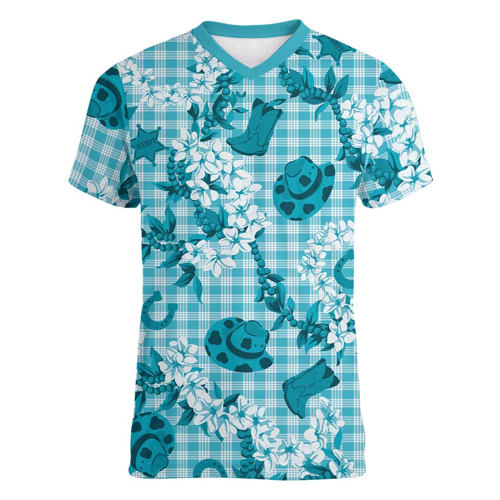 Mokihana Maile Ilima Leis Paniolo Palaka Women V-Neck T-Shirt Hawaiian Polu Opa Spirit - Polynesian Pride