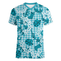 Mokihana Maile Ilima Leis Paniolo Palaka Women V-Neck T-Shirt Hawaiian Polu Opa Spirit LT9 Female Turquoise - Polynesian Pride