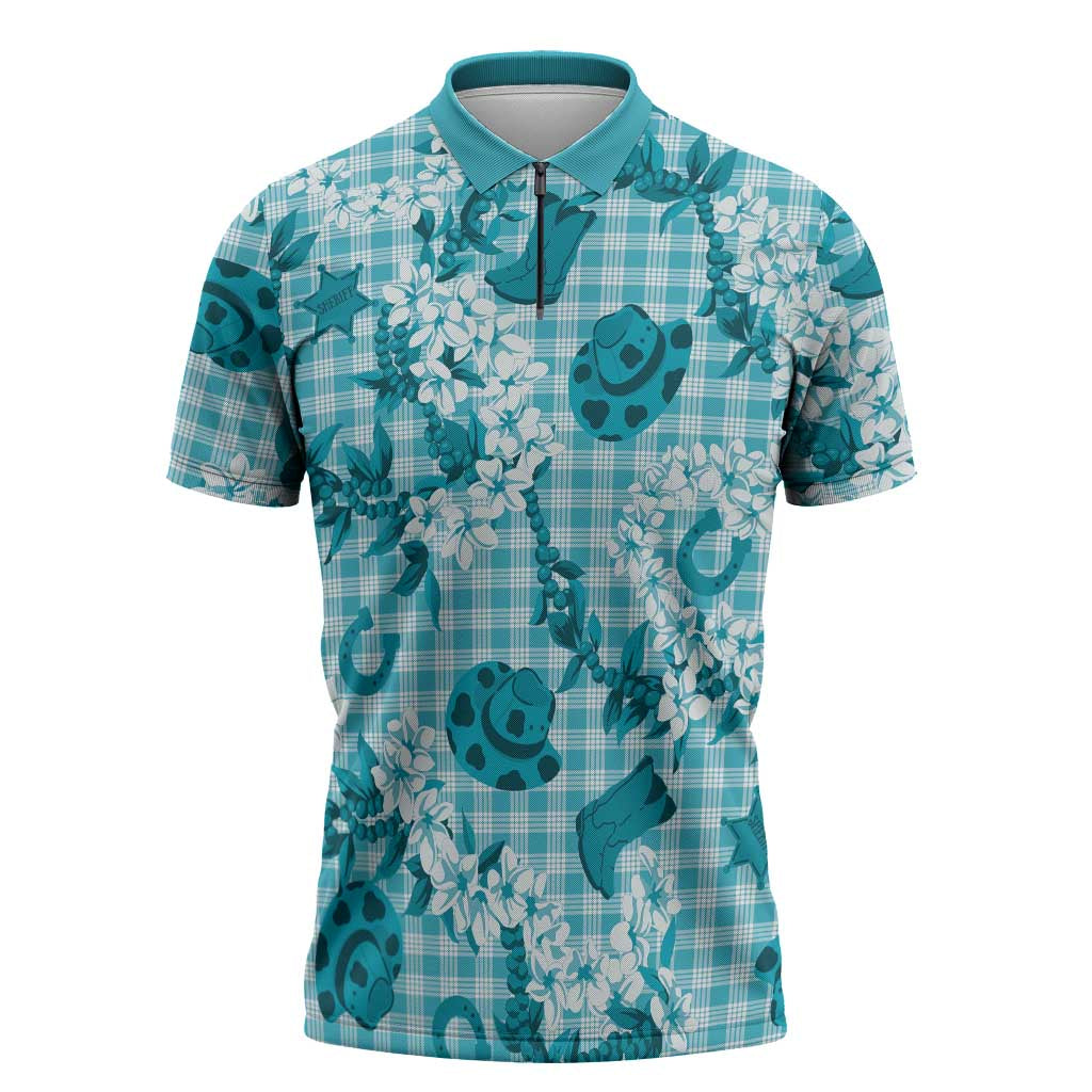 Mokihana Maile Ilima Leis Paniolo Palaka Zipper Polo Shirt Hawaiian Polu Opa Spirit LT9 Turquoise - Polynesian Pride