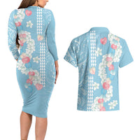 Blue Hawaii Anthurium Plumeria Lei Couples Matching Long Sleeve Bodycon Dress and Hawaiian Shirt LT9 - Polynesian Pride