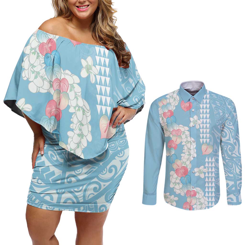 Blue Hawaii Anthurium Plumeria Lei Couples Matching Off Shoulder Short Dress and Long Sleeve Button Shirt