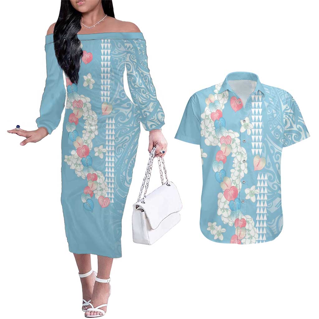 Blue Hawaii Anthurium Plumeria Lei Couples Matching Off The Shoulder Long Sleeve Dress and Hawaiian Shirt LT9 Blue - Polynesian Pride