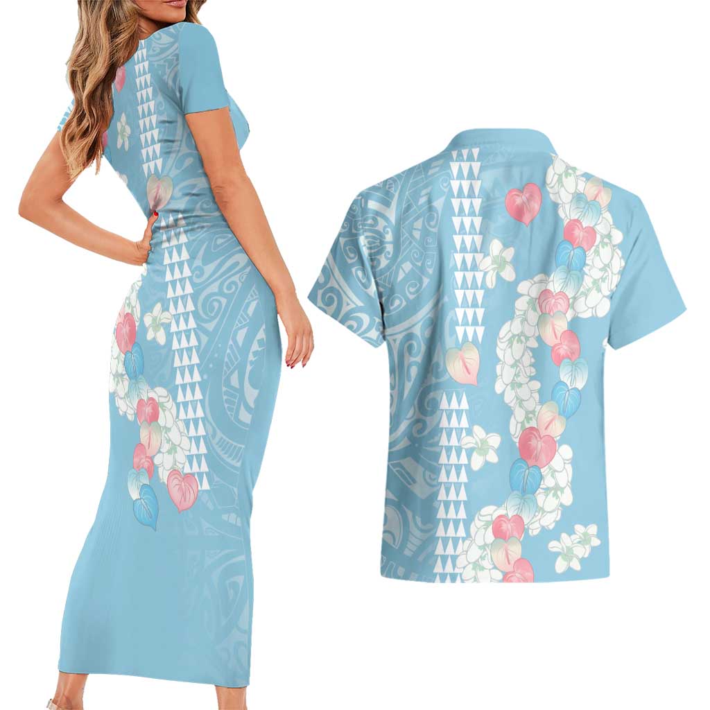 Blue Hawaii Anthurium Plumeria Lei Couples Matching Short Sleeve Bodycon Dress and Hawaiian Shirt LT9 - Polynesian Pride