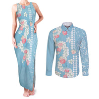 Blue Hawaii Anthurium Plumeria Lei Couples Matching Tank Maxi Dress and Long Sleeve Button Shirt