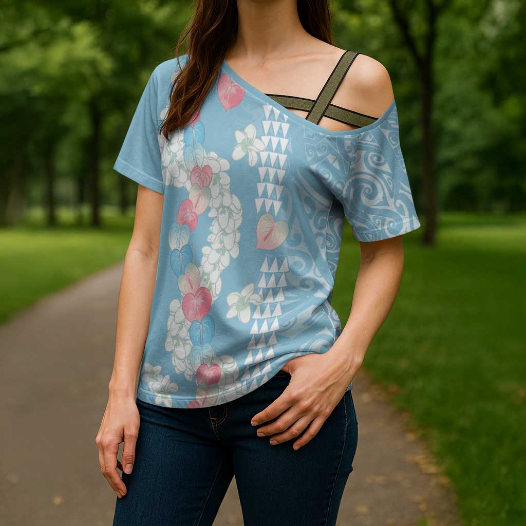 Blue Hawaii Anthurium Plumeria Lei Cross Shoulder Shirt