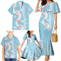 Blue Hawaii Anthurium Plumeria Lei Family Matching Mermaid Dress and Hawaiian Shirt LT9 - Polynesian Pride