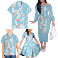 Blue Hawaii Anthurium Plumeria Lei Family Matching Off The Shoulder Long Sleeve Dress and Hawaiian Shirt LT9 - Polynesian Pride