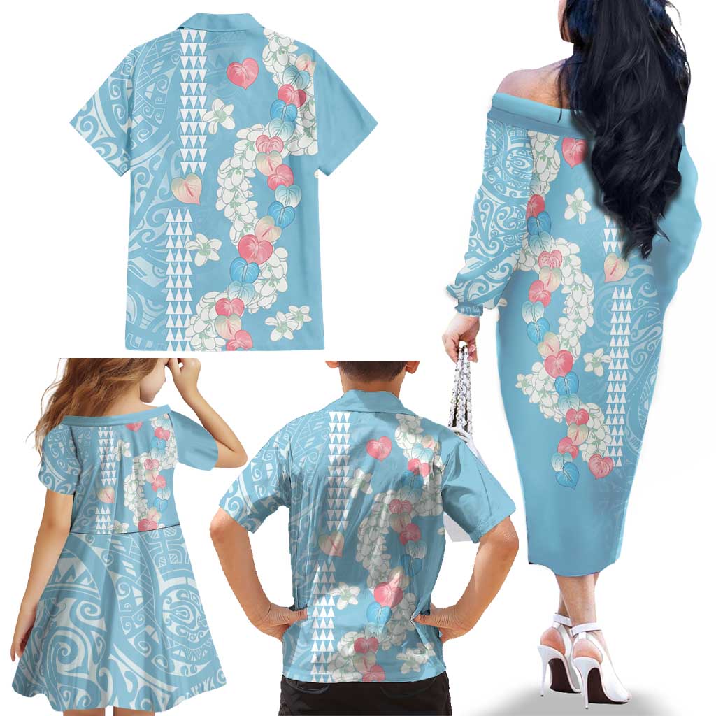 Blue Hawaii Anthurium Plumeria Lei Family Matching Off The Shoulder Long Sleeve Dress and Hawaiian Shirt LT9 - Polynesian Pride