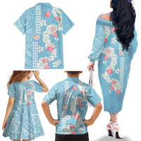 Blue Hawaii Anthurium Plumeria Lei Family Matching Off The Shoulder Long Sleeve Dress and Hawaiian Shirt LT9 - Polynesian Pride