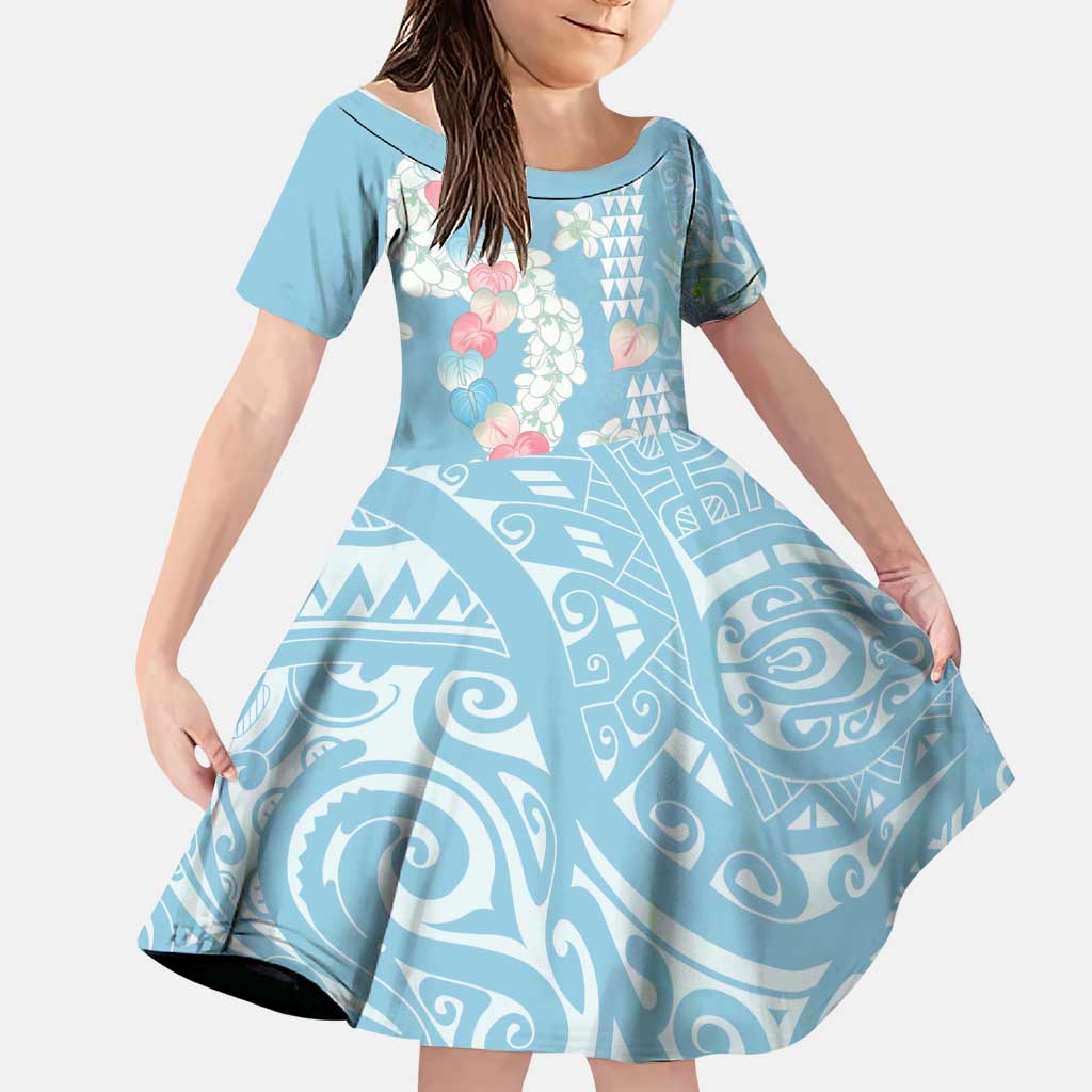 Blue Hawaii Anthurium Plumeria Lei Family Matching Off Shoulder Maxi Dress and Hawaiian Shirt LT9 Daughter's Dress Blue - Polynesian Pride