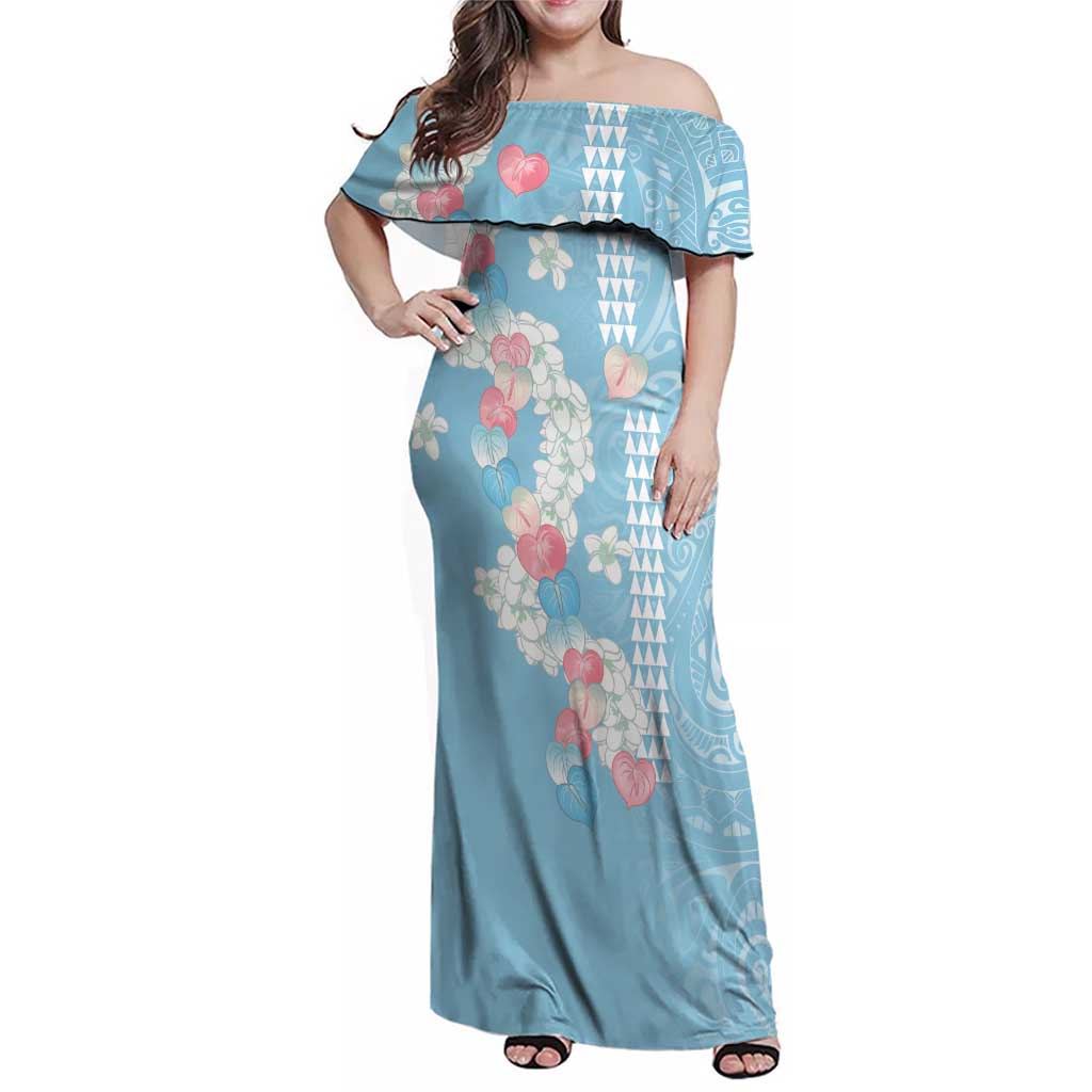 Blue Hawaii Anthurium Plumeria Lei Family Matching Off Shoulder Maxi Dress and Hawaiian Shirt LT9 Mom's Dress Blue - Polynesian Pride
