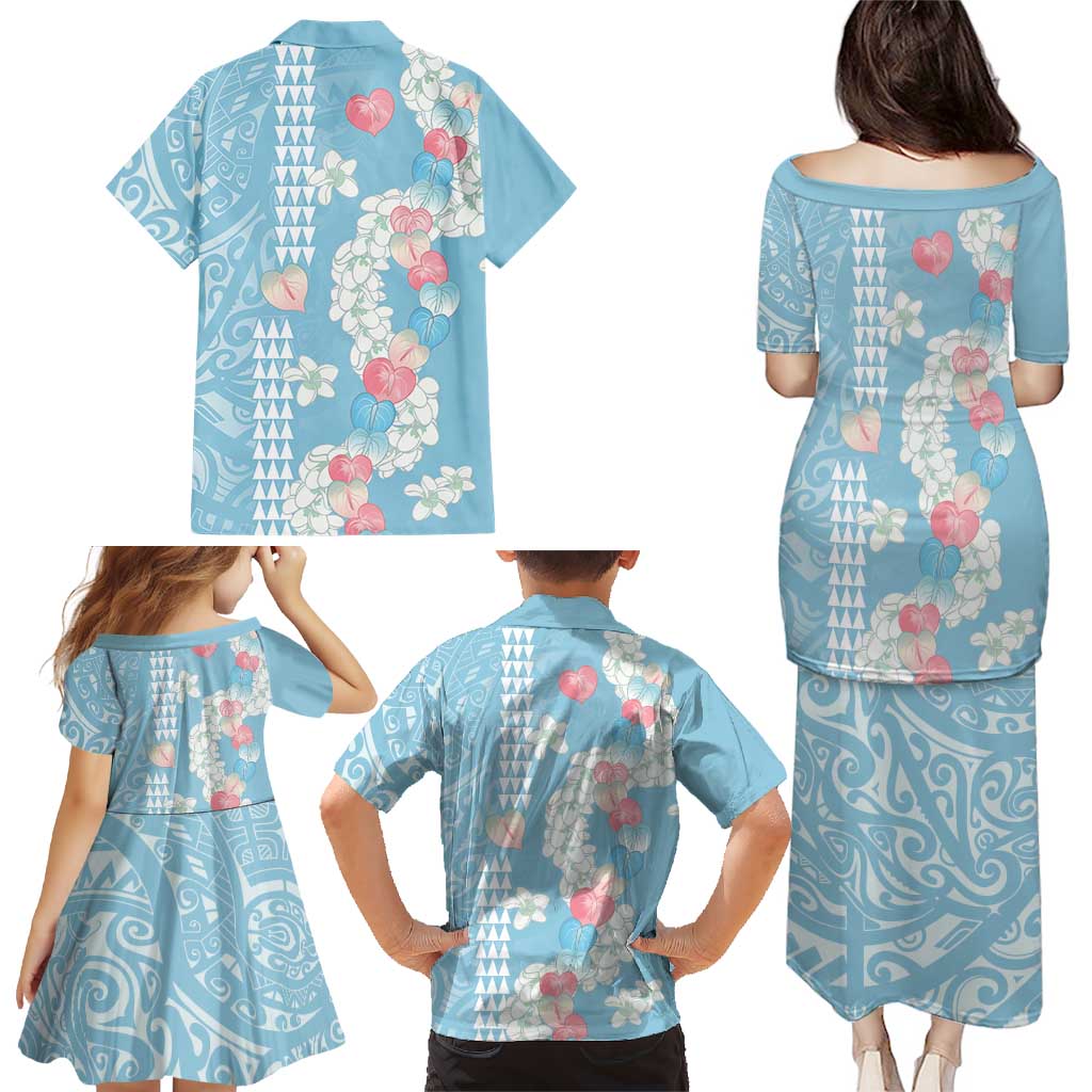 Blue Hawaii Anthurium Plumeria Lei Family Matching Puletasi and Hawaiian Shirt LT9 - Polynesian Pride