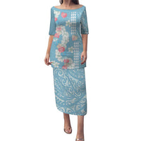 Blue Hawaii Anthurium Plumeria Lei Family Matching Puletasi and Hawaiian Shirt LT9 Mom's Dress Blue - Polynesian Pride