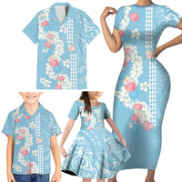 Blue Hawaii Anthurium Plumeria Lei Family Matching Short Sleeve Bodycon Dress and Hawaiian Shirt LT9 - Polynesian Pride