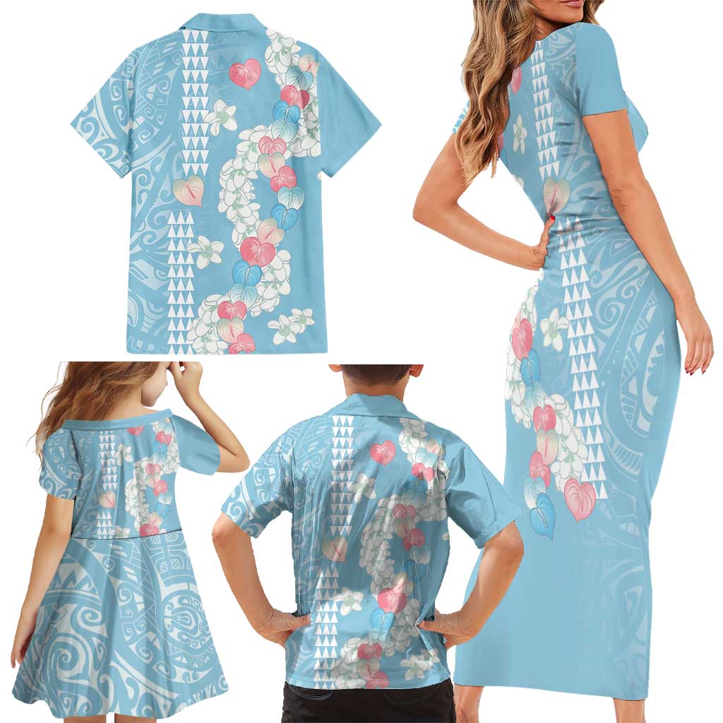 Blue Hawaii Anthurium Plumeria Lei Family Matching Short Sleeve Bodycon Dress and Hawaiian Shirt LT9 - Polynesian Pride
