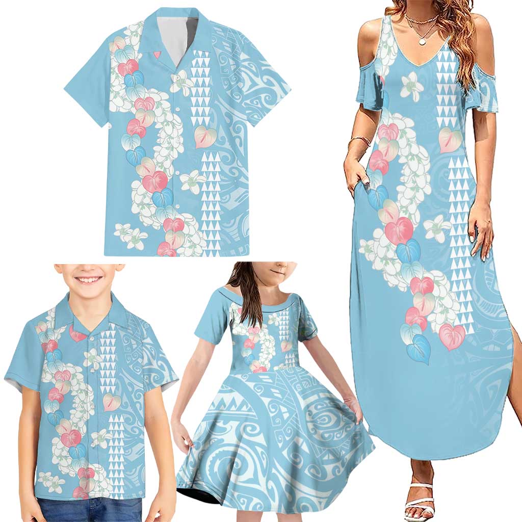 Blue Hawaii Anthurium Plumeria Lei Family Matching Summer Maxi Dress and Hawaiian Shirt LT9 - Polynesian Pride