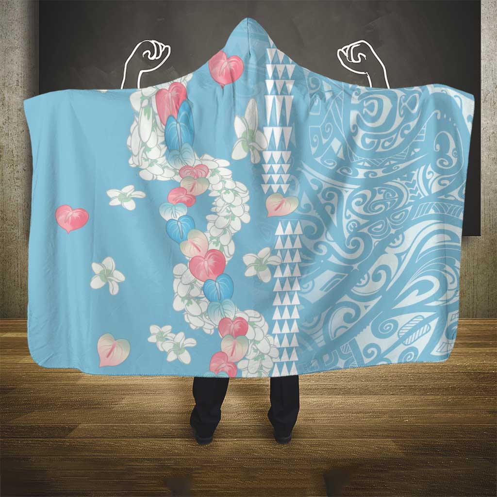 Blue Hawaii Anthurium Plumeria Lei Hooded Blanket