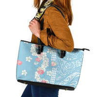 Blue Hawaii Anthurium Plumeria Lei Leather Tote Bag