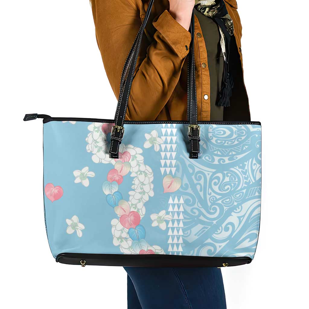 Blue Hawaii Anthurium Plumeria Lei Leather Tote Bag