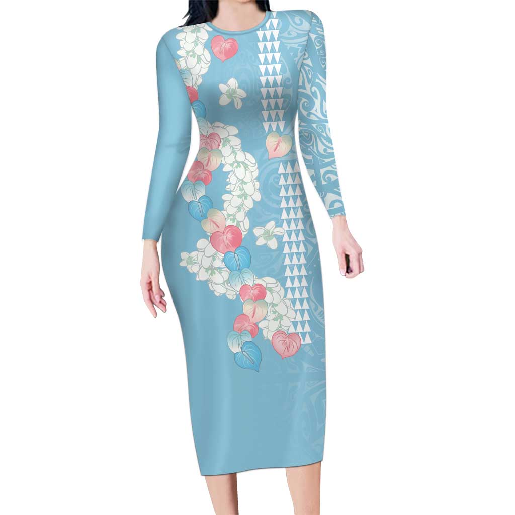 Blue Hawaii Anthurium Plumeria Lei Long Sleeve Bodycon Dress
