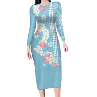 Blue Hawaii Anthurium Plumeria Lei Long Sleeve Bodycon Dress