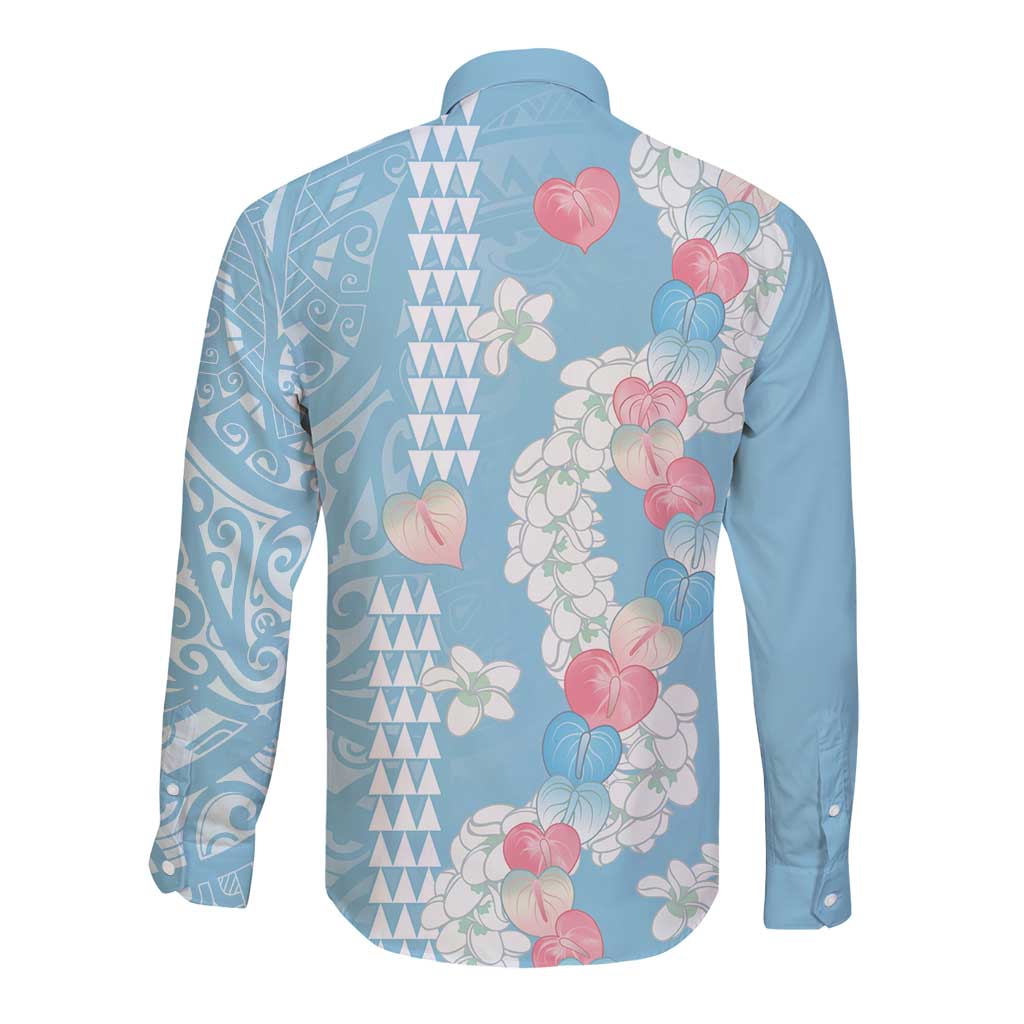 Blue Hawaii Anthurium Plumeria Lei Long Sleeve Button Shirt