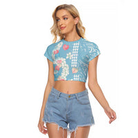Blue Hawaii Anthurium Plumeria Lei Raglan Cropped T Shirt LT9 Female Blue - Polynesian Pride