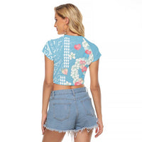 Blue Hawaii Anthurium Plumeria Lei Raglan Cropped T Shirt LT9 - Polynesian Pride