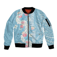 Blue Hawaii Anthurium Plumeria Lei Sleeve Zip Bomber Jacket