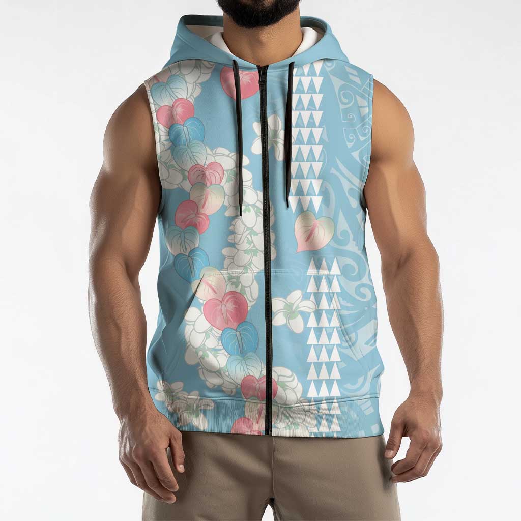 Blue Hawaii Anthurium Plumeria Lei Sleeveless Zip Hoodie