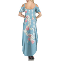 Blue Hawaii Anthurium Plumeria Lei Summer Maxi Dress