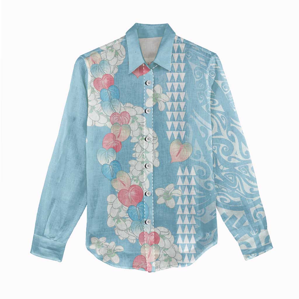 Blue Hawaii Anthurium Plumeria Lei Women Casual Shirt