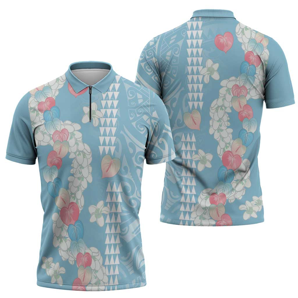 Blue Hawaii Anthurium Plumeria Lei Zipper Polo Shirt