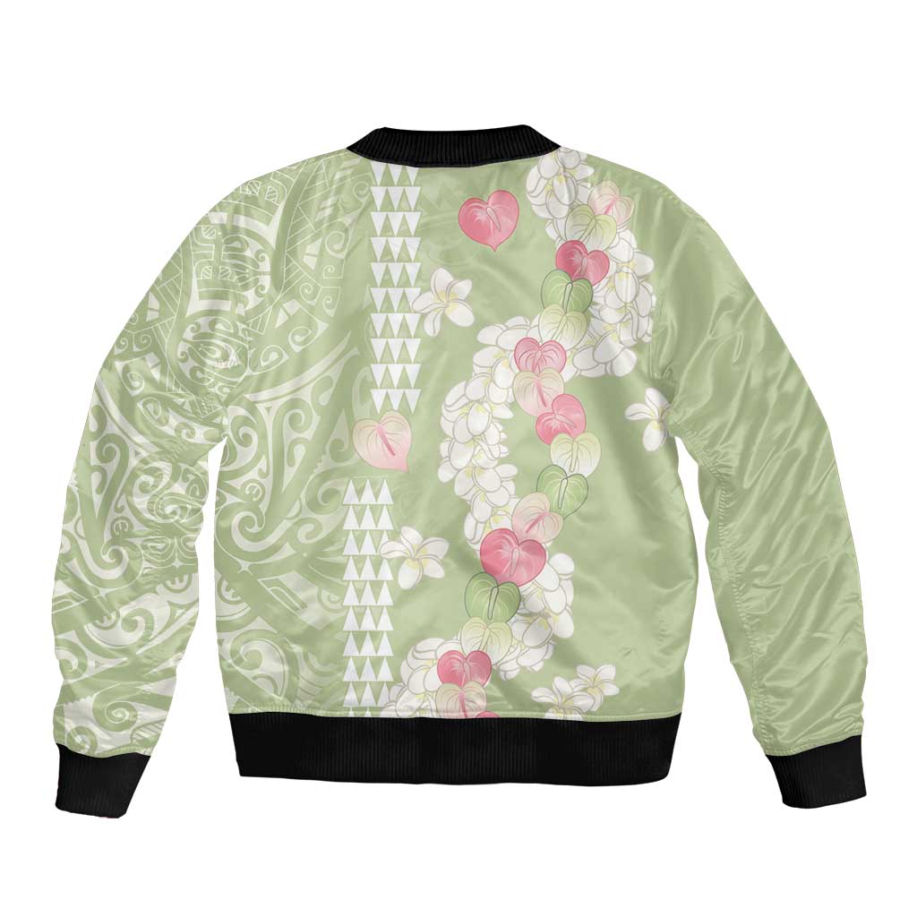 Leaf Green Hawaii Anthurium Plumeria Lei Bomber Jacket