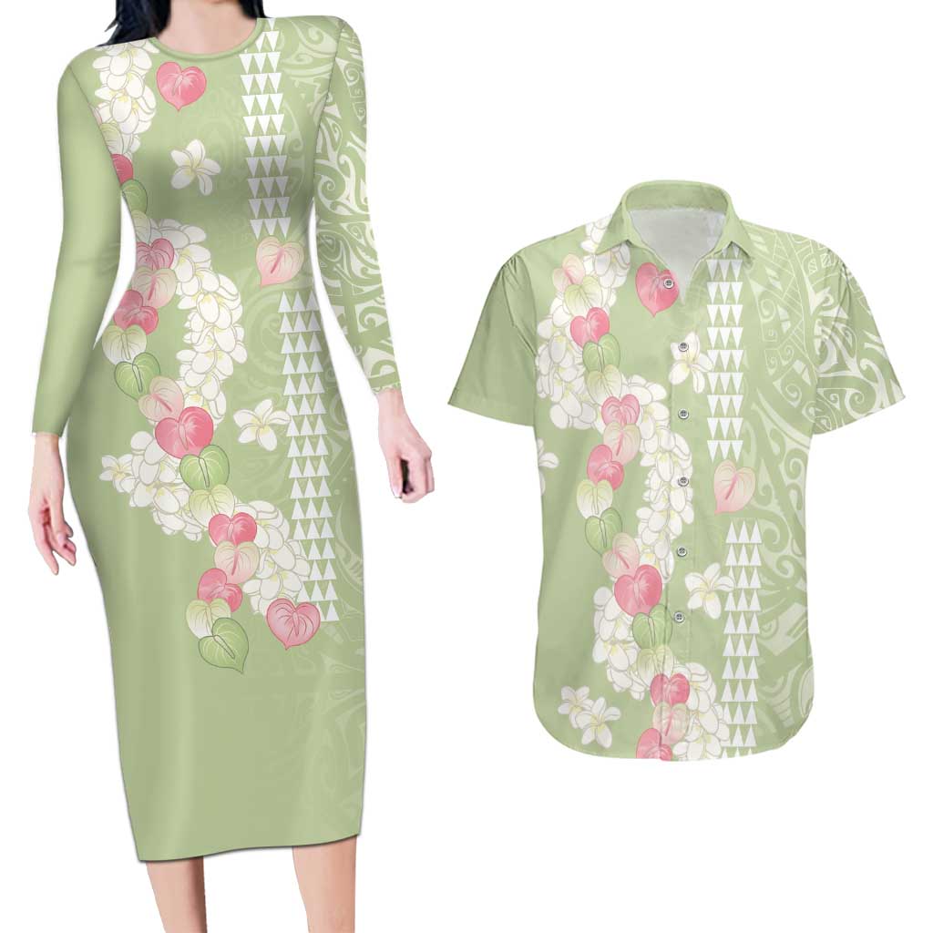 Leaf Green Hawaii Anthurium Plumeria Lei Couples Matching Long Sleeve Bodycon Dress and Hawaiian Shirt LT9 Green - Polynesian Pride