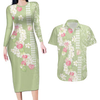 Leaf Green Hawaii Anthurium Plumeria Lei Couples Matching Long Sleeve Bodycon Dress and Hawaiian Shirt LT9 Green - Polynesian Pride