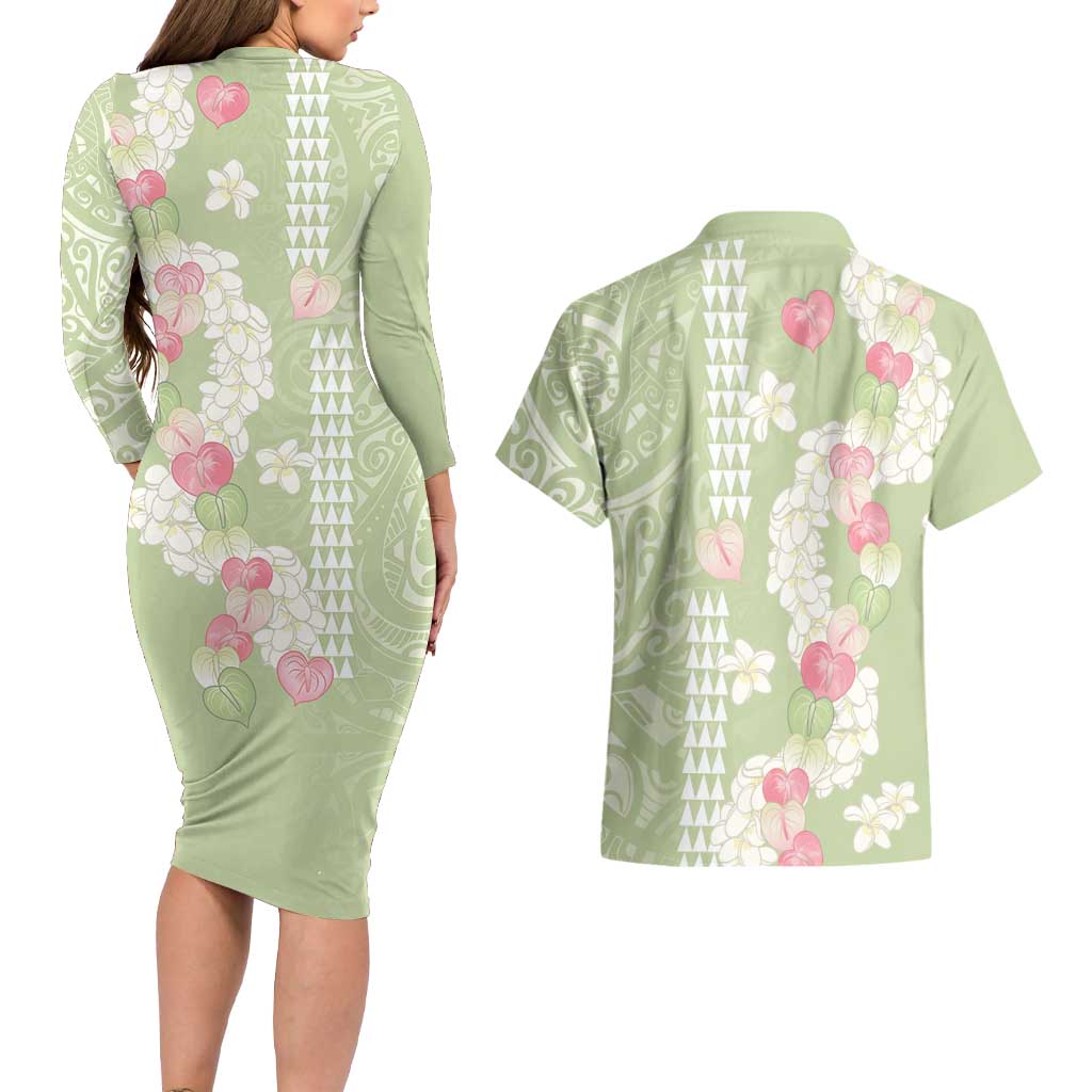 Leaf Green Hawaii Anthurium Plumeria Lei Couples Matching Long Sleeve Bodycon Dress and Hawaiian Shirt LT9 - Polynesian Pride