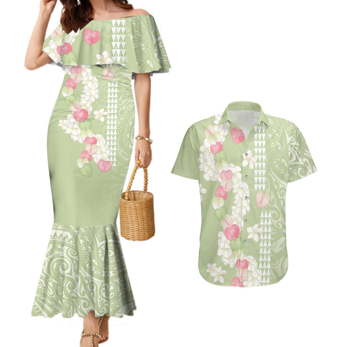 Leaf Green Hawaii Anthurium Plumeria Lei Couples Matching Mermaid Dress and Hawaiian Shirt LT9 Green - Polynesian Pride