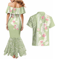 Leaf Green Hawaii Anthurium Plumeria Lei Couples Matching Mermaid Dress and Hawaiian Shirt LT9 - Polynesian Pride