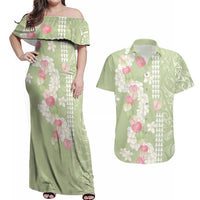 Leaf Green Hawaii Anthurium Plumeria Lei Couples Matching Off Shoulder Maxi Dress and Hawaiian Shirt