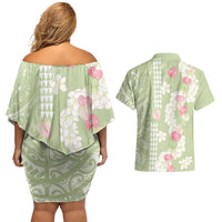 Leaf Green Hawaii Anthurium Plumeria Lei Couples Matching Off Shoulder Short Dress and Hawaiian Shirt